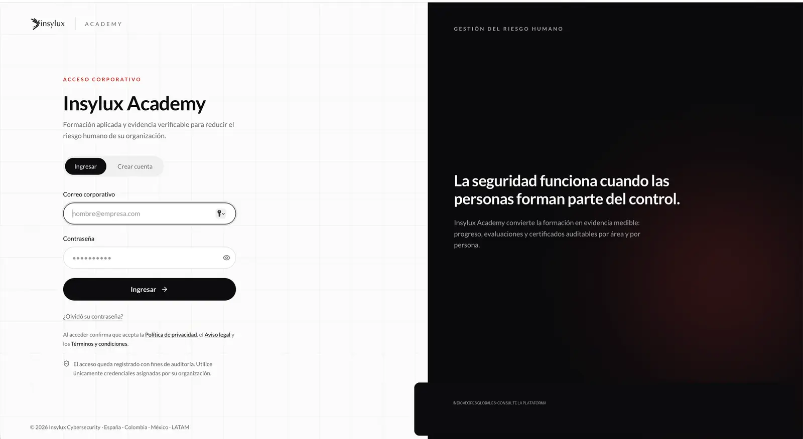 Pantalla de acceso corporativo de Insylux Academy