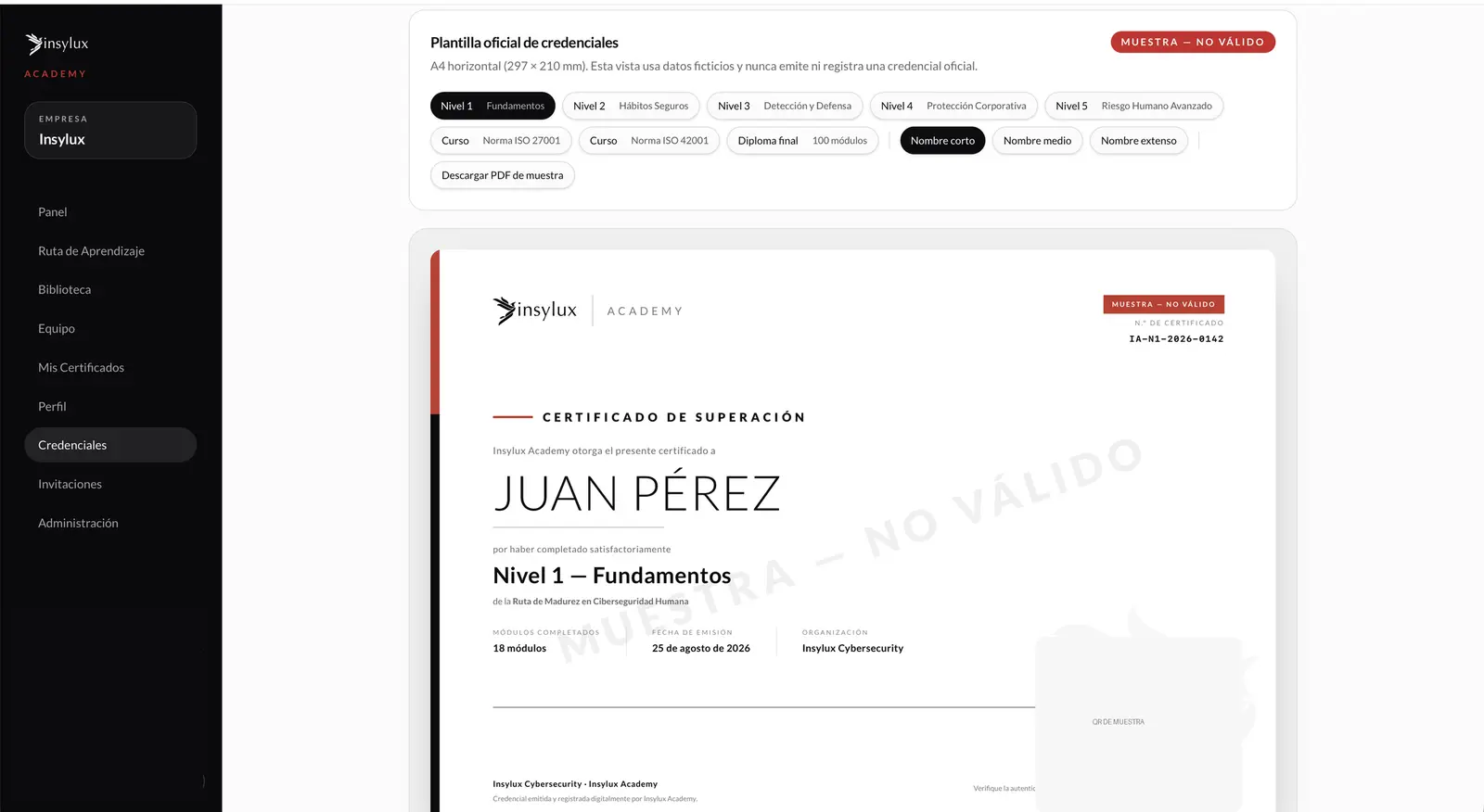 Vista de muestra de una credencial verificable en Insylux Academy