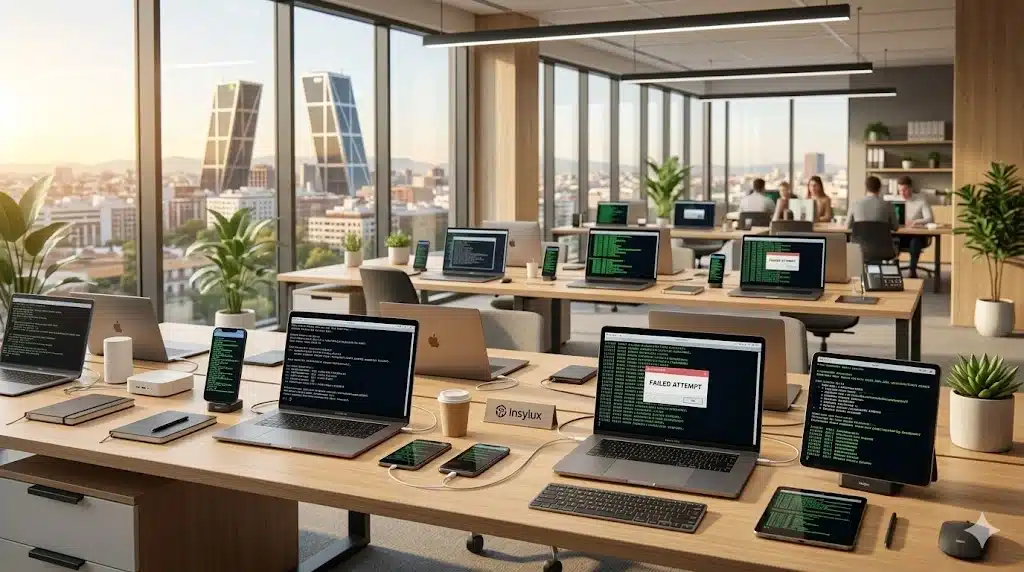 múltiples dispositivos corporativos expuestos a scripts automáticos en una oficina de Madrid, reflejando el alza de ataques por dispositivo.