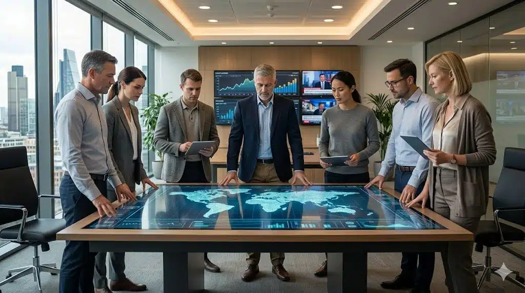 Equipo directivo B2B y expertos en tecnología ejecutando un plan de ciberresiliencia corporativa en una sala de crisis de alta tecnología para garantizar la continuidad del negocio frente a fraudes informáticos.