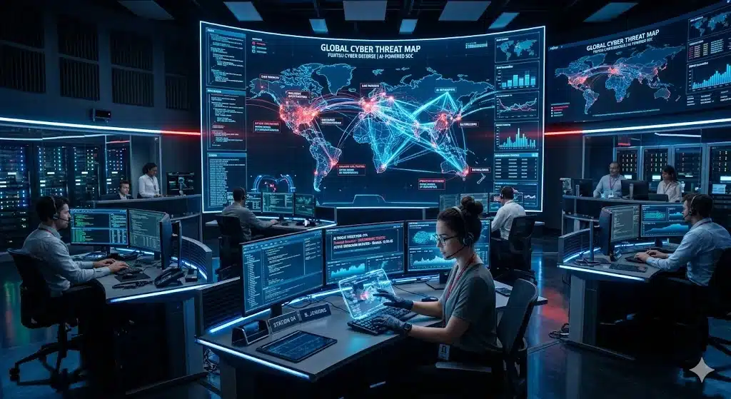 Especialistas en un Centro de Operaciones de Seguridad (SOC) corporativo implementando estrategias de ciberseguridad predictiva con Inteligencia Artificial para bloquear amenazas avanzadas y suplantación de identidad.