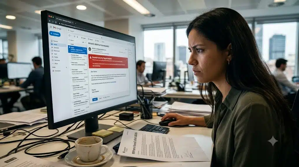 Primer plano fotorrealista de una empleada en una oficina de Madrid verificando escépticamente un email sospechoso en su monitor, ejemplificando la práctica de higiene digital Zero Trust.