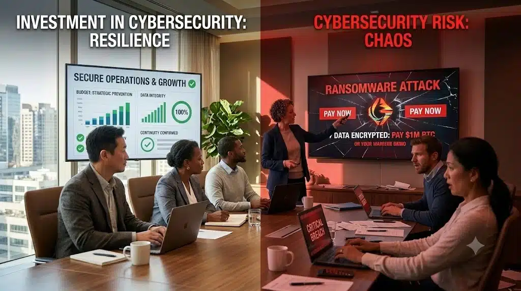 Junta directiva B2B analizando estratégicamente la inversión en ciberseguridad corporativa para prevenir el secuestro de datos y asegurar la continuidad financiera del negocio.