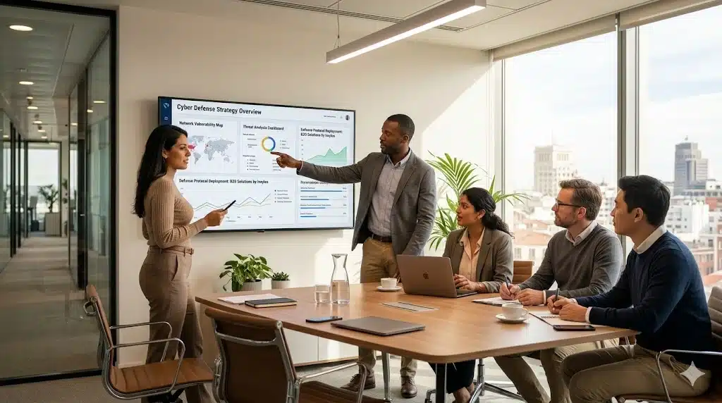 Equipo de especialistas y directivos en un entorno corporativo moderno analizando estrategias reales para mitigar los ataques a pymes y proteger la infraestructura empresarial.