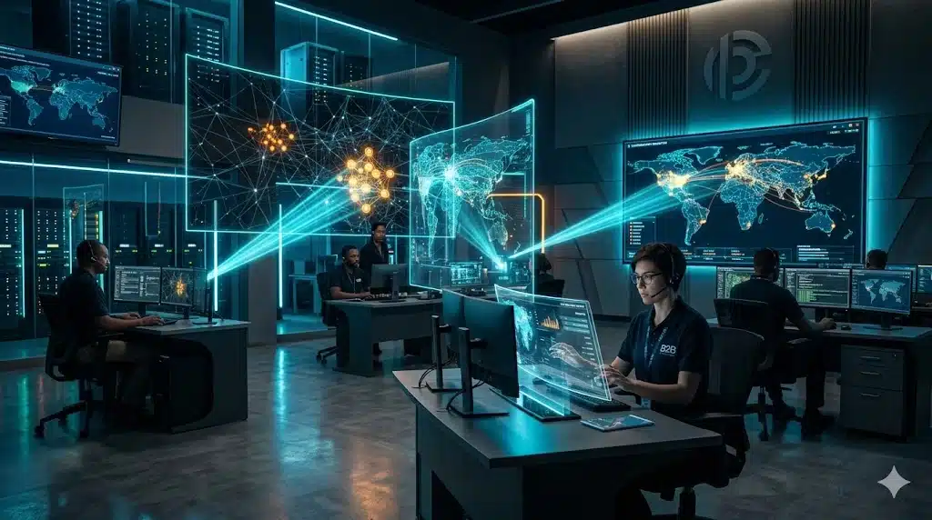Especialistas en un SOC de Insylux Cybersecurity utilizando herramientas avanzadas para garantizar la visibilidad en ciberseguridad, iluminando redes oscuras con escáneres brillantes para detectar amenazas en empresas B2B.