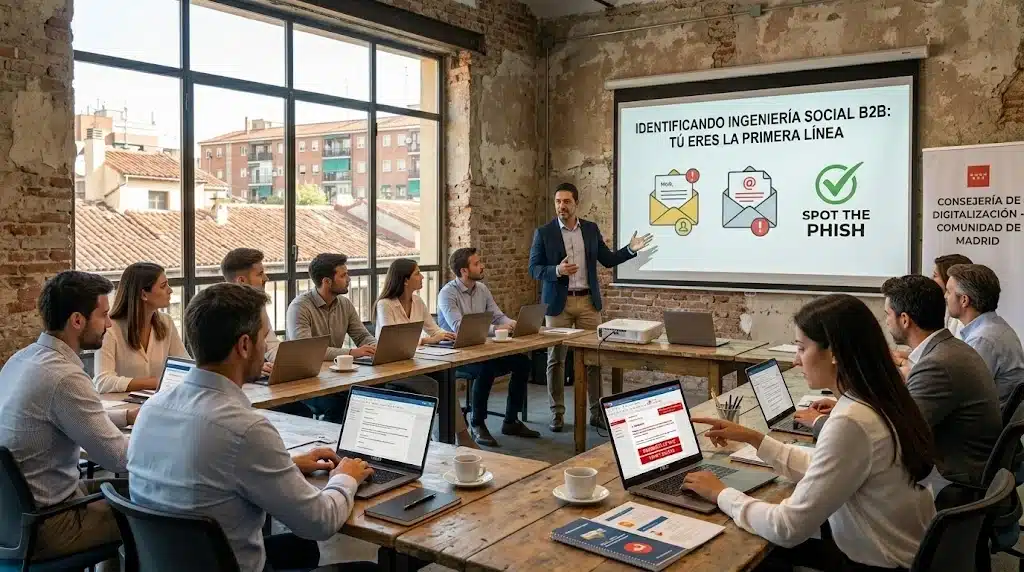 Fotografía fotorrealista de un taller de concienciación corporativa en Madrid, enfocado en reducir la vulnerabilidad del factor humano frente al phishing y la ingeniería social B2B.
