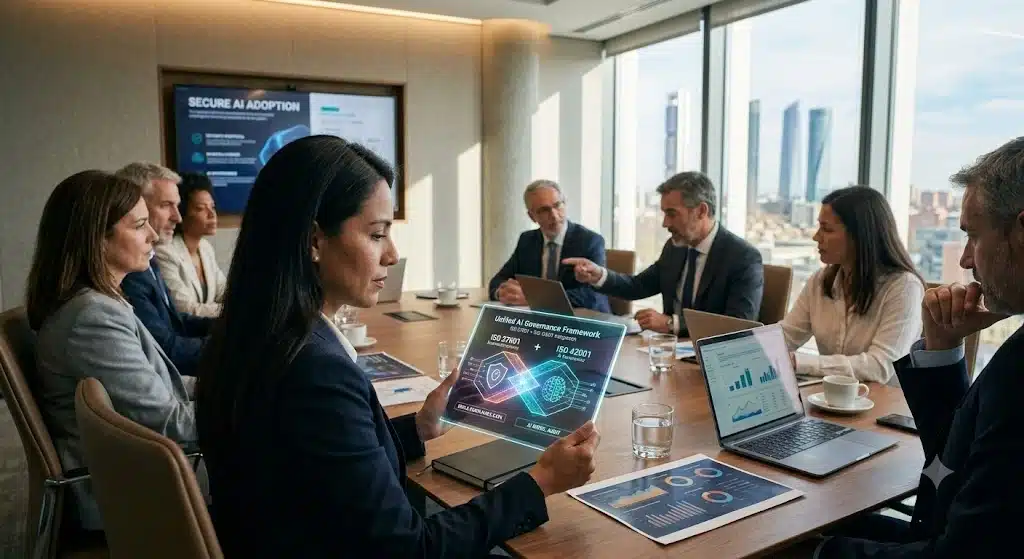 Comité directivo corporativo analizando en una tableta la integración técnica del gobierno de la IA (ISO 42001) y la ciberseguridad (ISO 27001) en una sala de juntas moderna B2B.