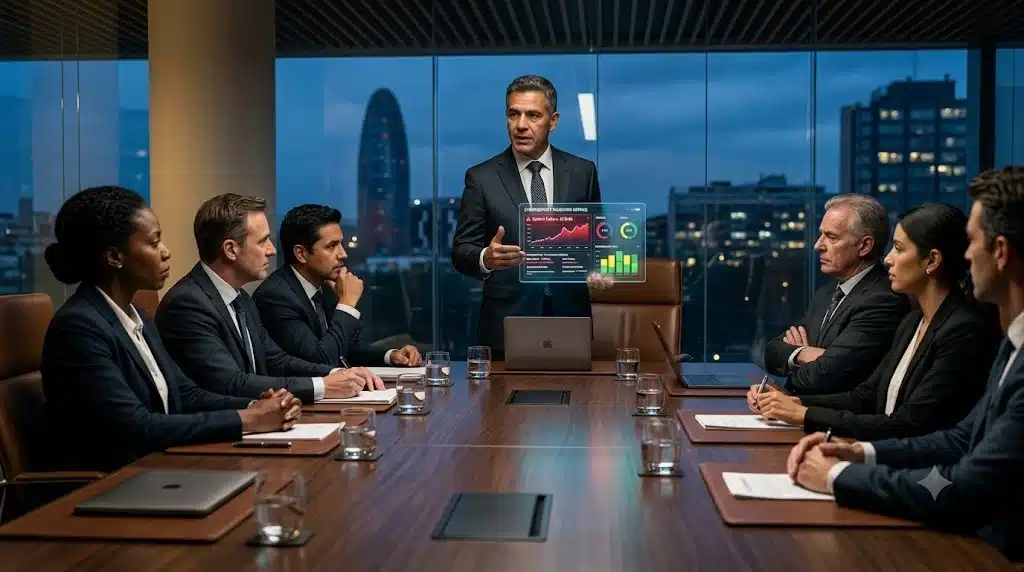 Junta directiva corporativa analizando métricas de validación empírica en una tableta y exigiendo pruebas de gobierno digital en una sala de reuniones ejecutiva.