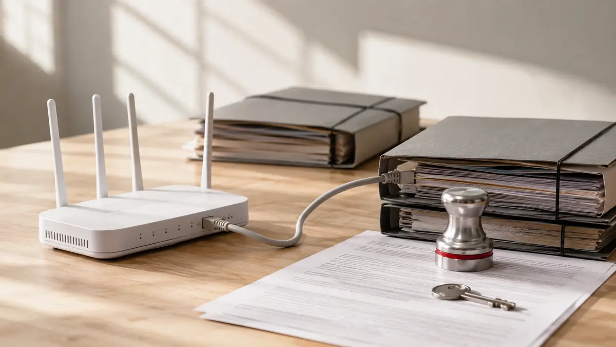 Router sin marca conectado a expedientes de proveedor junto a un sello de control y una llave