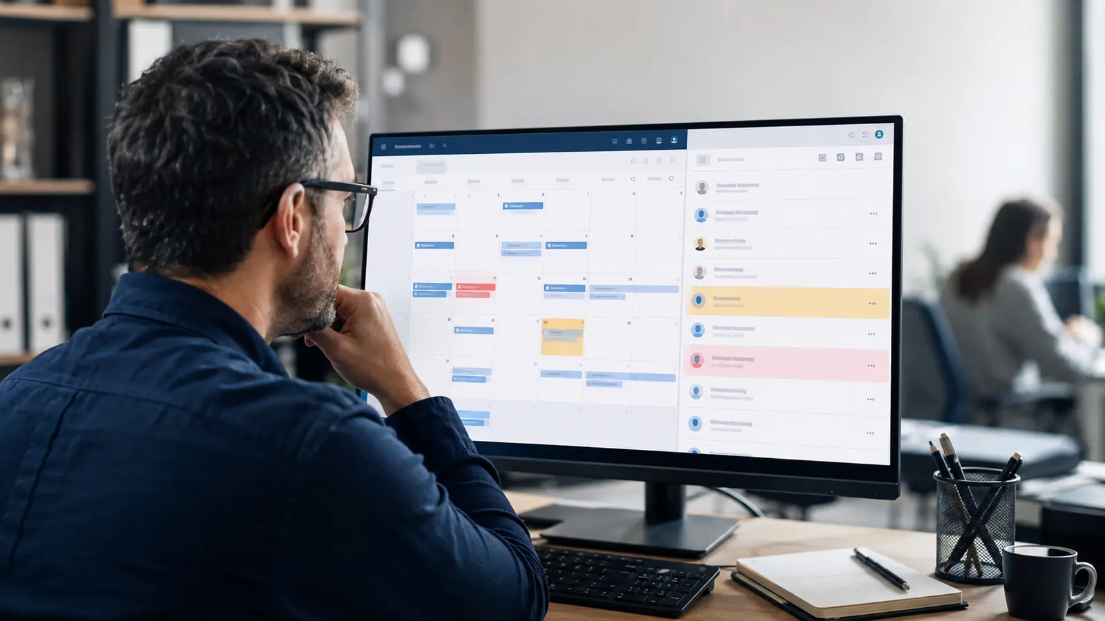Administrador revisa un calendario y una libreta de contactos compartidos con registros sospechosos resaltados