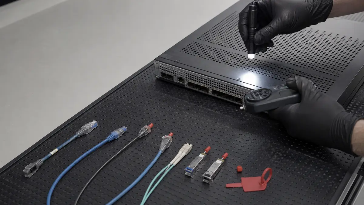 Appliance de red aislado en una mesa técnica mientras se inspecciona con sus cables desconectados