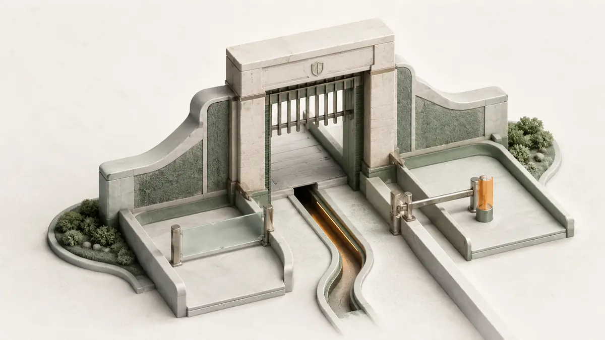 Modelo arquitectónico de un control perimetral con una ruta que evita la barrera principal