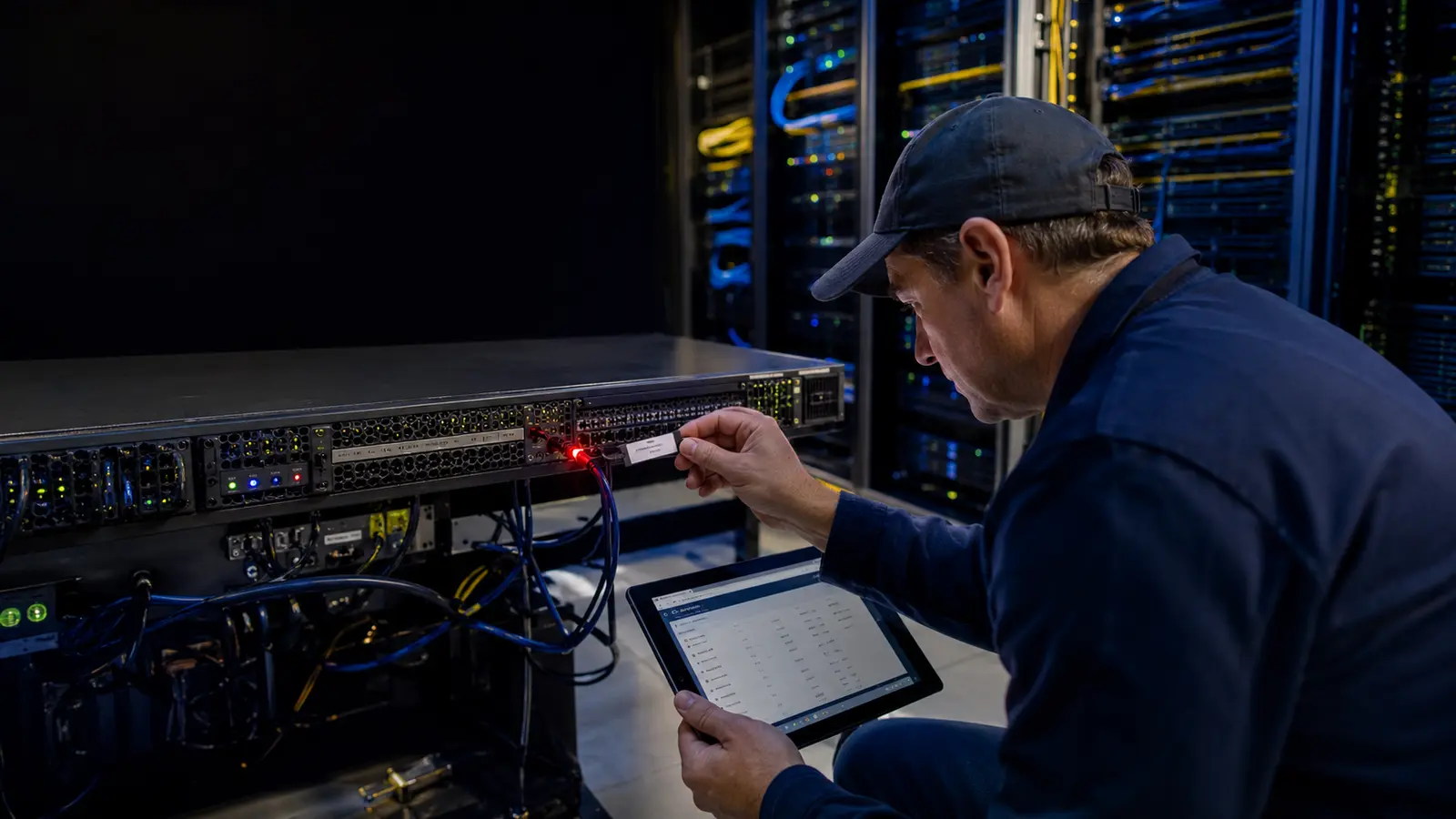 Técnico identifica y aísla un servidor proxy frontal en un centro de datos empresarial