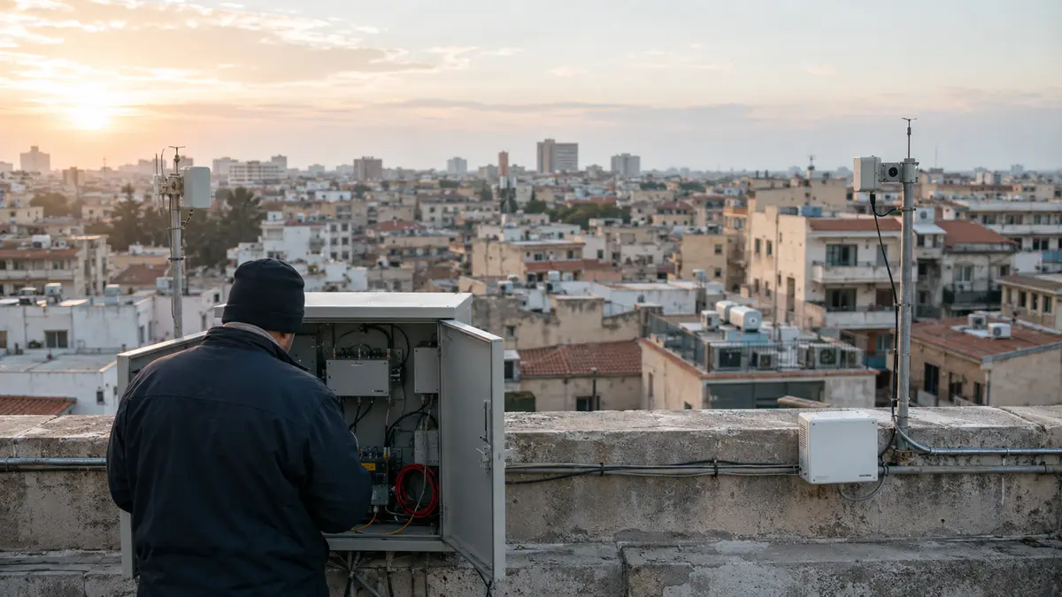 Técnico inspecciona un gabinete de comunicaciones en una azotea sobre una extensa red urbana