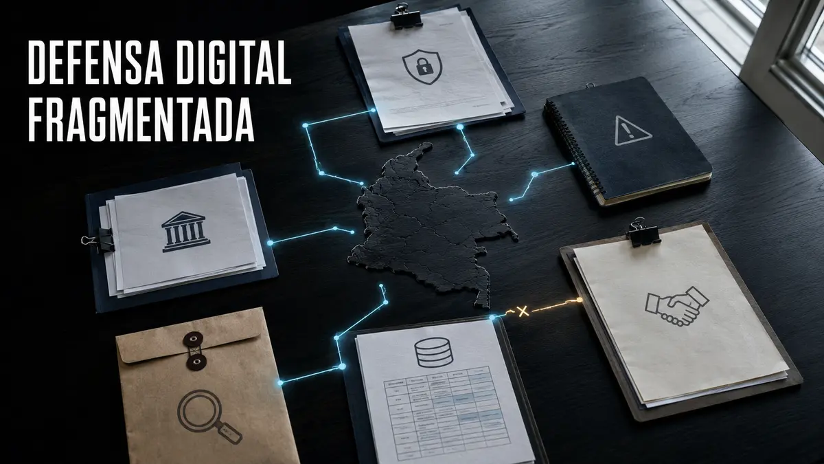 Normas colombianas separadas sobre una mesa muestran rutas de datos, incidentes y proveedores que necesitan gobierno común