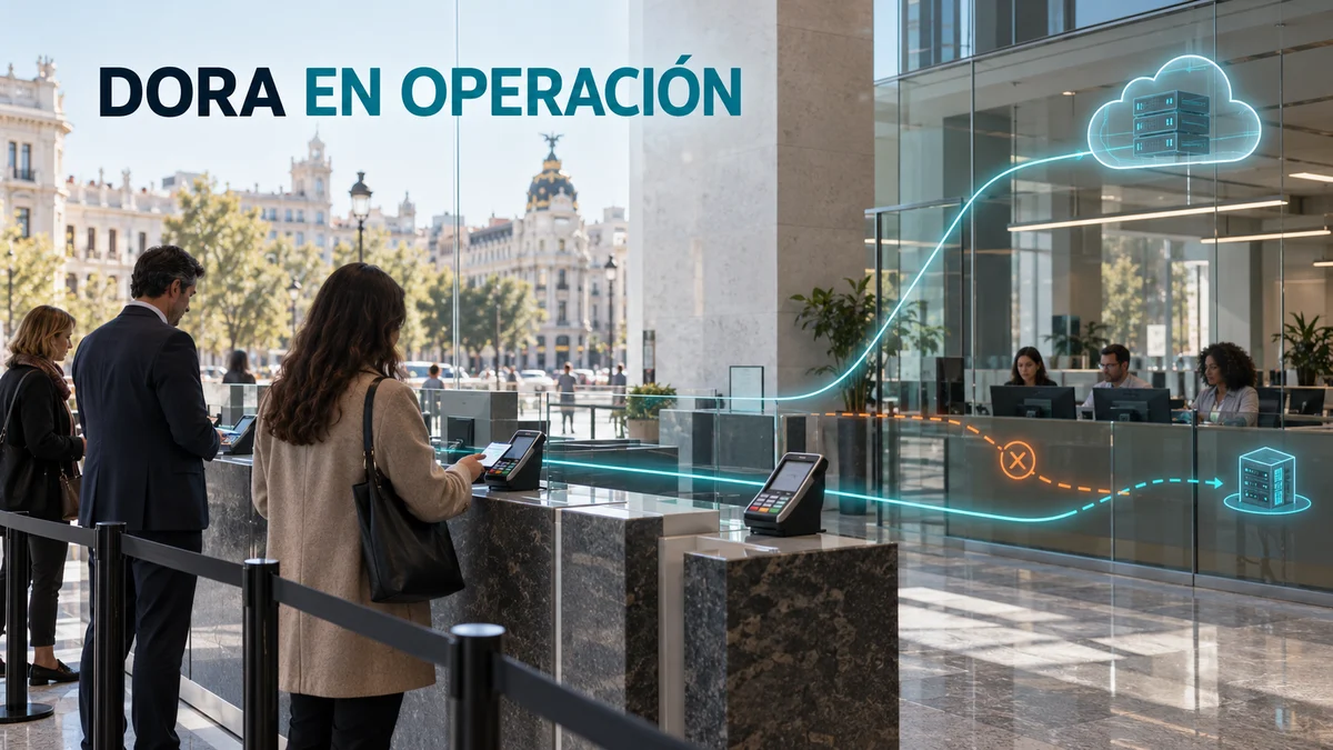 Operación financiera en un edificio de Madrid con personas y terminales reales y rutas de continuidad hacia proveedores TIC, con el titular DORA en operación