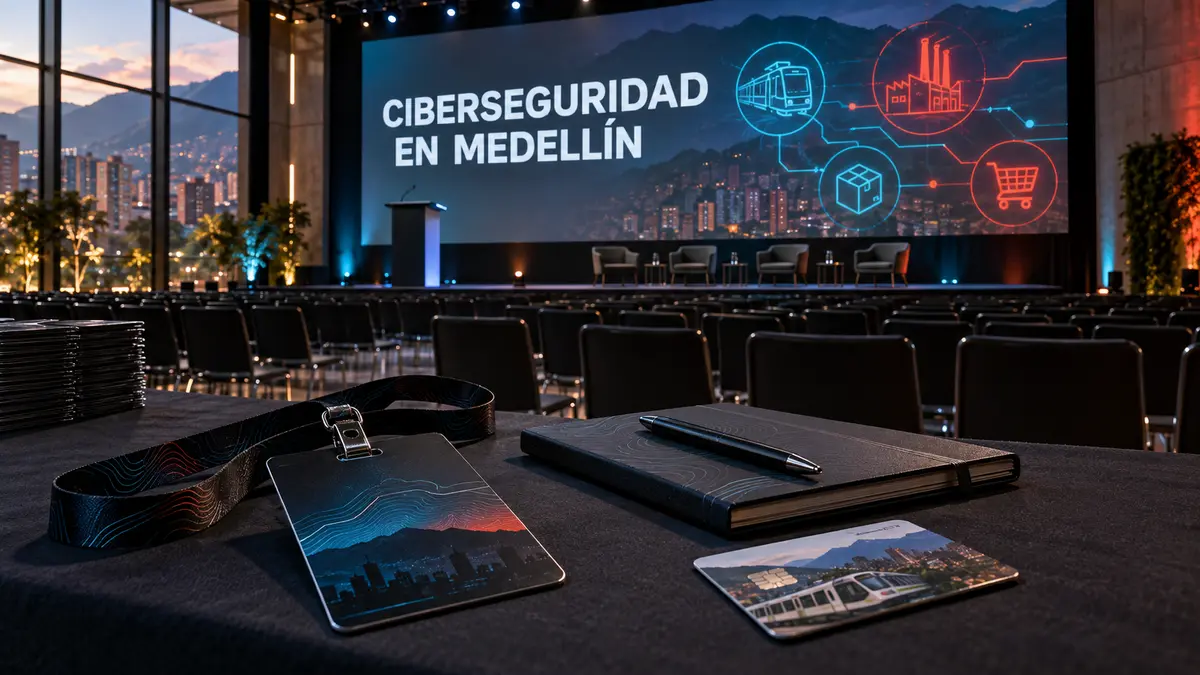 Auditorio real en Medellín preparado para un congreso técnico, con credencial, señales de transporte, industria y comercio, y el titular Ciberseguridad en Medellín