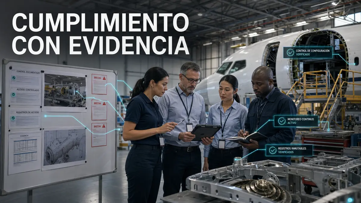 Equipo diverso verifica controles y registros de ciberseguridad junto a una aeronave durante una revisión de cumplimiento contractual
