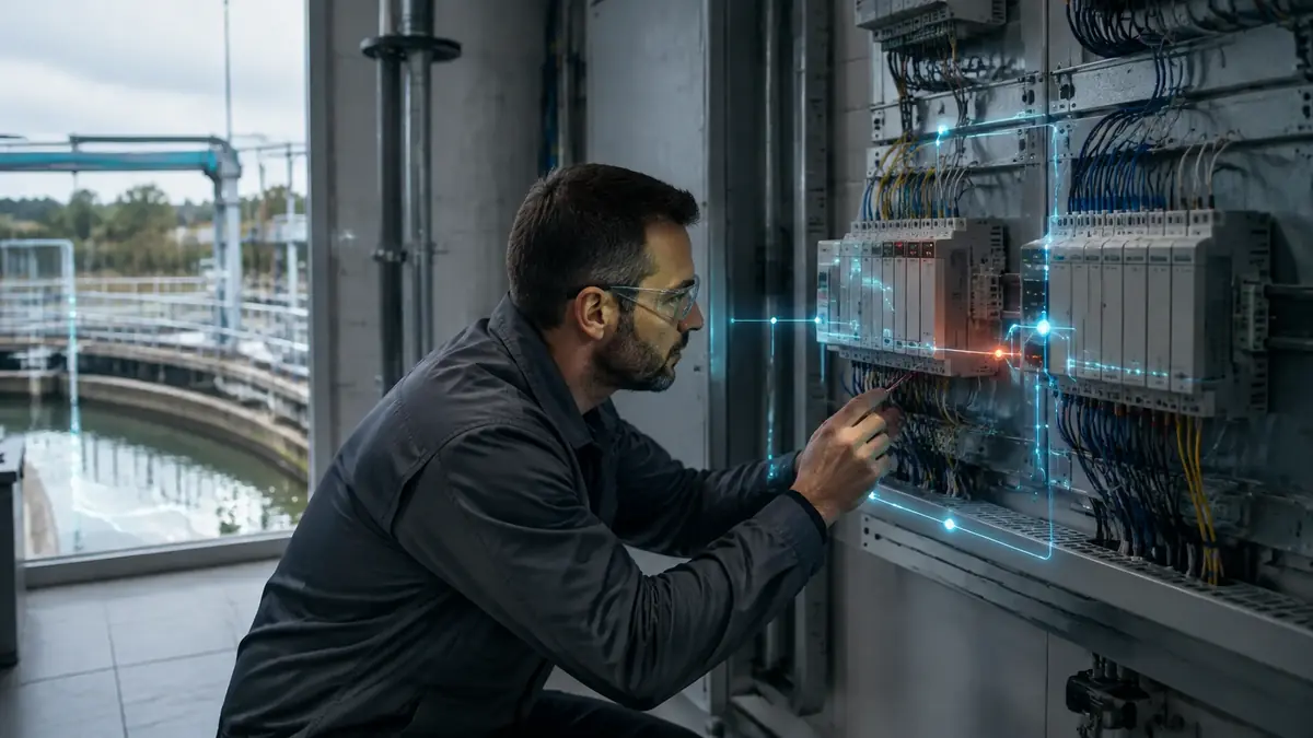 Ingeniero OT inspecciona dos PLC unidos por trazas de diagnóstico durante una prueba de exploit con IA
