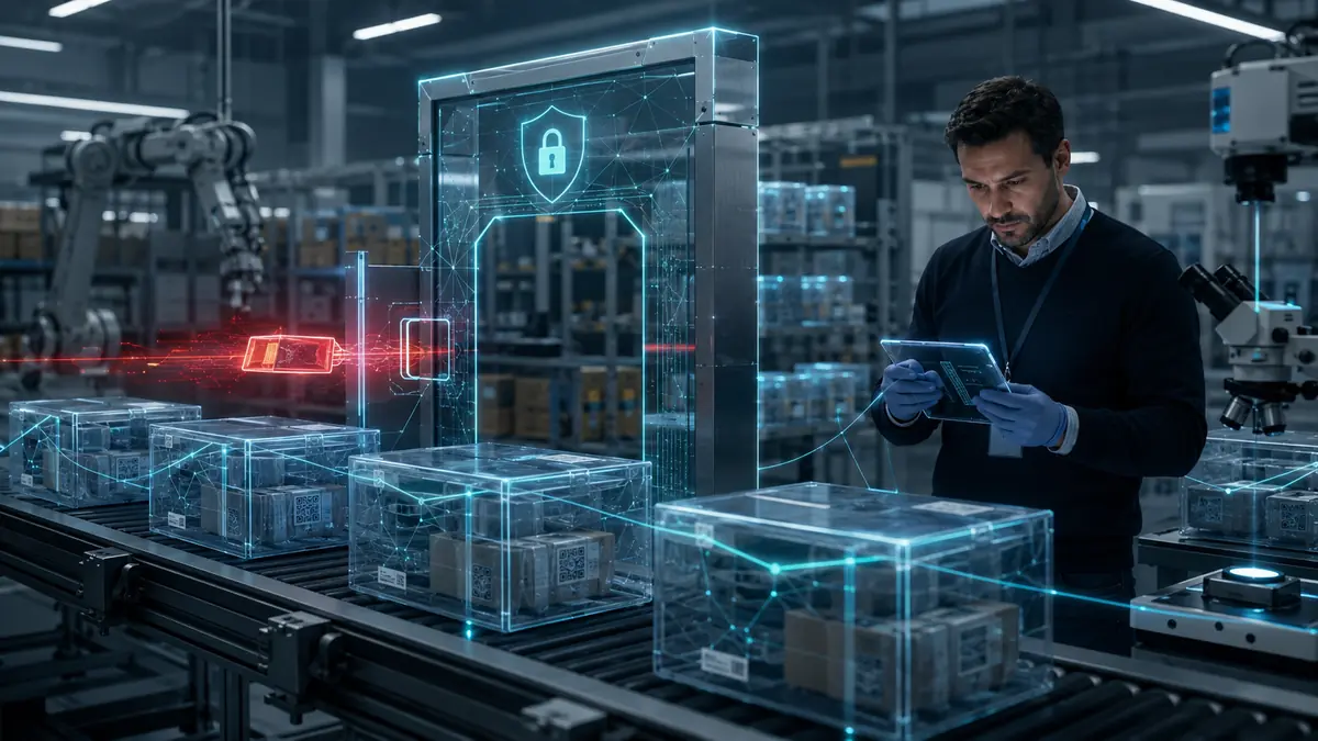 Ingeniero inspecciona artefactos de software mientras un token irregular cruza una compuerta lateral