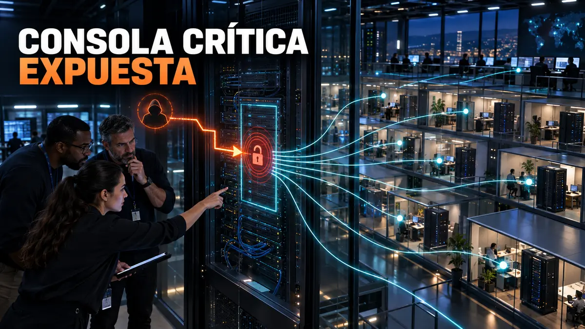 Rack real de administración remota con una ruta de ataque que se multiplica hacia varios clientes y el titular Consola crítica expuesta