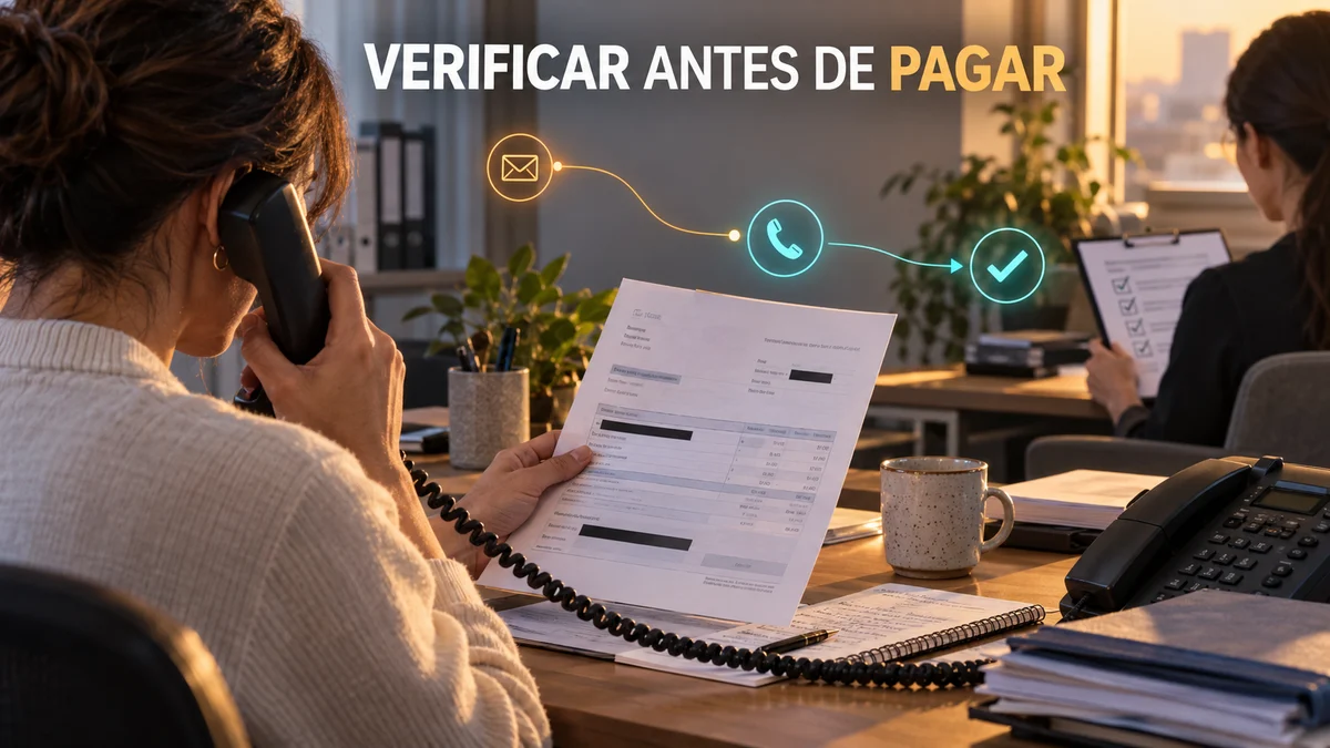 Dos profesionales verificando una factura mediante llamada y aprobación independiente, con señales de correo y validación y el titular Verificar antes de pagar