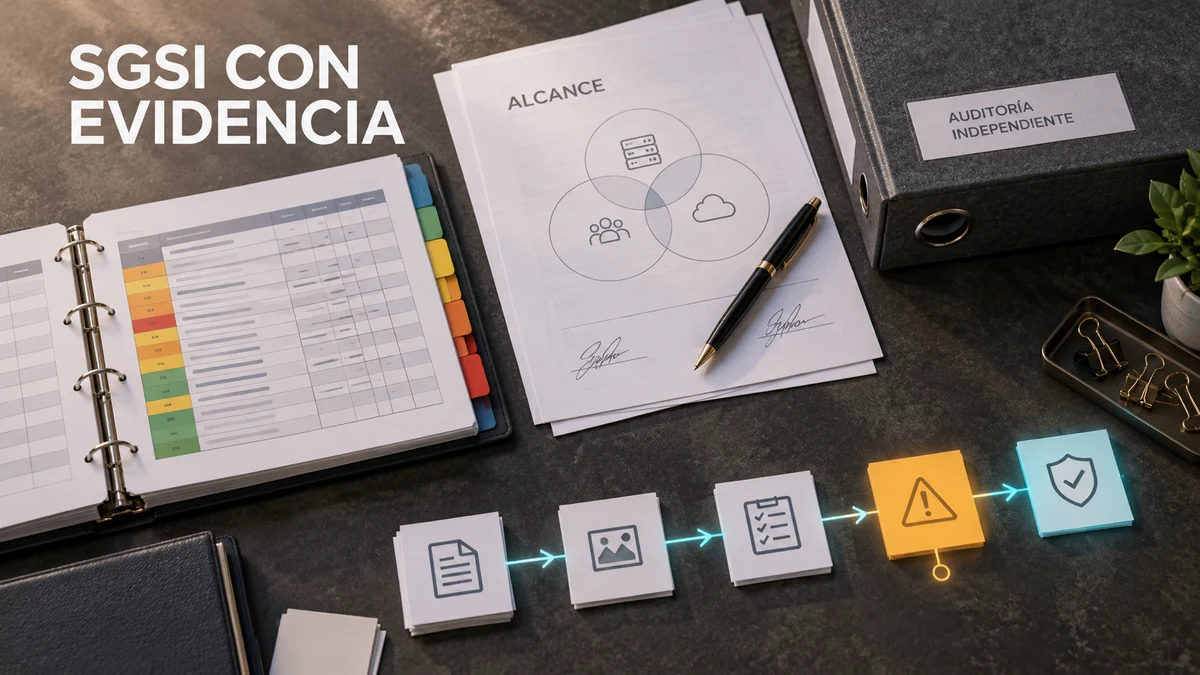 Documentos de alcance, registro de riesgos y evidencias de auditoría conectados por señales digitales, con el titular SGSI con evidencia